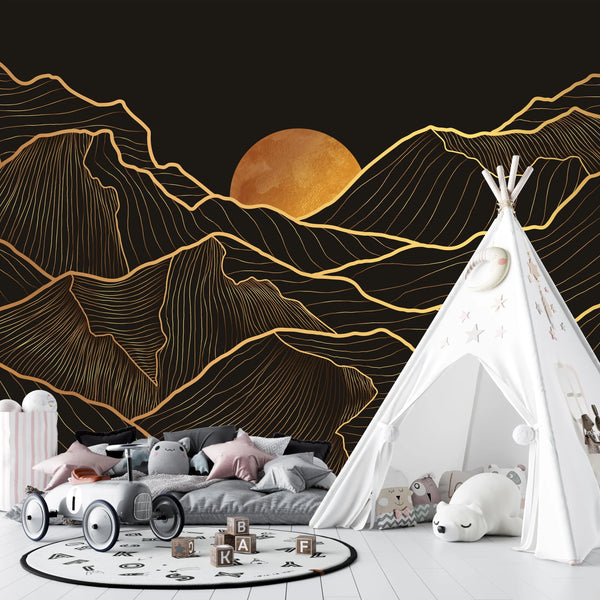 Mountain Gold Line Art Wallpaper, Black Background Mural, Oversized Custom Size Wall Art, Non-Woven, Non-Adhesive, Modern Wall Paper, Removable