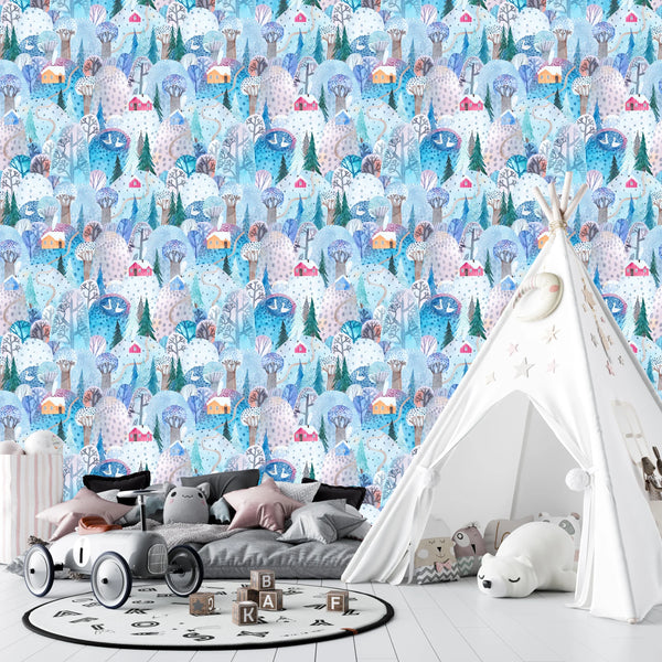Childish Forest Wallpaper, Winter Seamless Pattern Mural, Oversized Custom Size Wall Art, Non-Woven, Non-Adhesive, Modern Wall Paper, Removable
