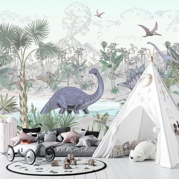 Blue Dino World Wallpaper, Jungle Mural, Oversized Custom Size Wall Art, Non-Woven, Non-Adhesive, Modern Wall Paper, Removable