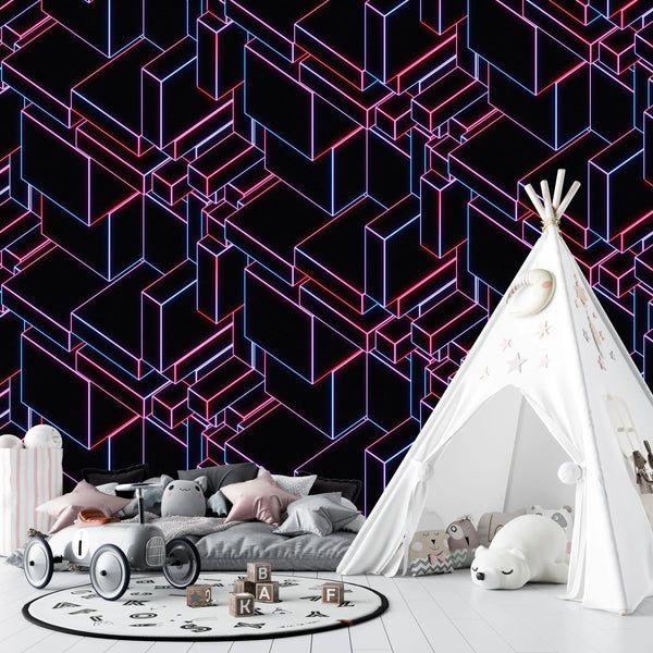 Glowing Futuristic Wallpaper, Abstract Geometric Mural, Oversized Custom Size Wall Art, Non-Woven, Non-Adhesive, Modern Wall Paper, Removable