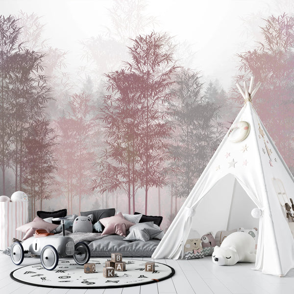 Red and Gray Trees Wallpaper, Foggy Forest Mural, Oversized Custom Size Wall Art, Non-Woven, Non-Adhesive, Modern Wall Paper, Removable