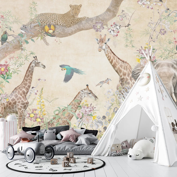 Tropical Trees Wallpaper, Safari Animals Mural, Oversized Custom Size Wall Art, Non-Woven, Non-Adhesive, Modern Wall Paper, Removable