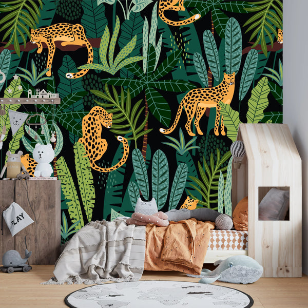 Leopards, Tropical Leaves Wallpaper, Seamless Pattern Mural, Oversized Custom Size Wall Art, Non-Woven, Non-Adhesive, Modern Wall Paper, Removable