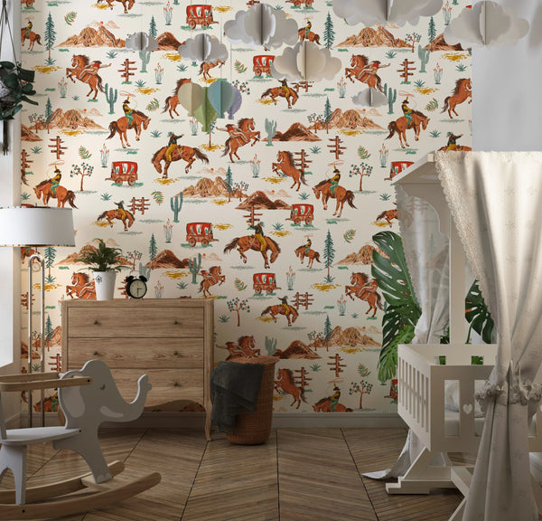 Western Cowboys Rodeo Wallpaper, Seamless Pattern Mural, Oversized Custom Size Wall Art, Non-Woven, Non-Adhesive, Modern Wall Paper, Removable