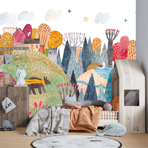 Bright Autumn Wallpaper, Village Mural, Oversized Custom Size Wall Art, Non - Woven, Non - Adhesive, Modern Wall Paper, Removable - Adawall Wallpaper - Registered Trade Accounts Only, Wallpaper Wholesale Account - W77944 - Adawall Wholesale - Wallpaper Wholesaler