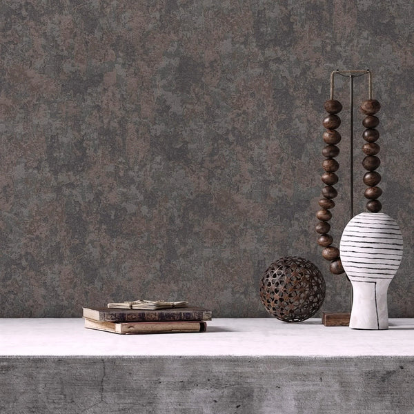 Brown Distressed Metallic Wallpaper, Deep Embossed Shiny Rustic Aged Industrial Design - Walloro High End Wallcoverings & More