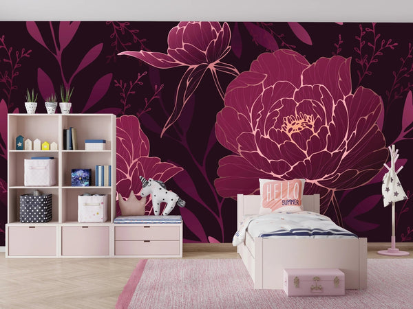 Burgundy Peonies Wallpaper, Luxury Mural, Oversized Custom Size Wall Art, Non - Woven, Non - Adhesive, Modern Wall Paper, Removable - Adawall Wallpaper - Registered Trade Accounts Only, Wallpaper Wholesale Account - W77931 - Adawall Wholesale - Wallpaper Wholesaler