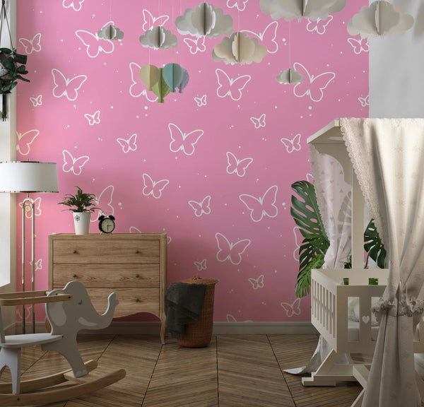 Butterflies, Pink Background Wallpaper, Seamless Pattern Mural, Oversized Custom Size Wall Art, Non - Woven, Non - Adhesive, Modern Wall Paper, Removable - Adawall Wallpaper - Registered Trade Accounts Only, Wallpaper Wholesale Account - W78017 - Adawall Wholesale - Wallpaper Wholesaler