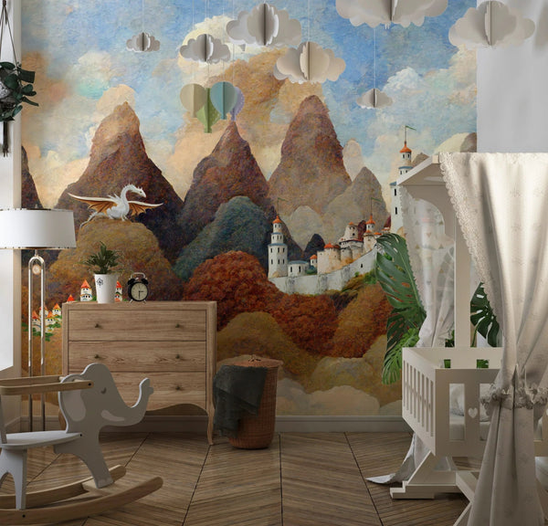 Castle and Dragon Wallpaper, Painted Style Mural, Oversized Custom Size Wall Art, Non - Woven, Non - Adhesive, Modern Wall Paper, Removable - Adawall Wallpaper - Registered Trade Accounts Only, Wallpaper Wholesale Account - W77836 - Adawall Wholesale - Wallpaper Wholesaler