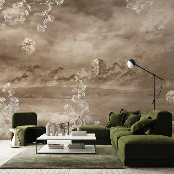 Celestial Moon Wall Mural, Moon Phases Beige Wallpaper, Large Space Custom Size Wall Covering, Non - Woven, Non - Pasted, Removable, Washable, Art - Adawall Wallpaper - Registered Trade Accounts Only, Wallpaper Wholesale Account - SE303-2 - Adawall Wholesale - Wallpaper Wholesaler