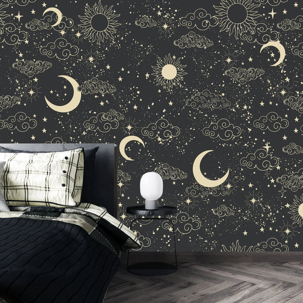 Celestial Pattern Wallpaper, Black Background Mural, Oversized Custom Size Wall Art, Non - Woven, Non - Adhesive, Modern Wall Paper, Removable - Adawall Wallpaper - Registered Trade Accounts Only, Wallpaper Wholesale Account - W77799 - Adawall Wholesale - Wallpaper Wholesaler