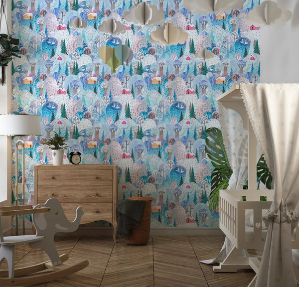 Childish Forest Wallpaper, Winter Seamless Pattern Mural, Oversized Custom Size Wall Art, Non - Woven, Non - Adhesive, Modern Wall Paper, Removable - Adawall Wallpaper - Registered Trade Accounts Only, Wallpaper Wholesale Account - W77589 - Adawall Wholesale - Wallpaper Wholesaler
