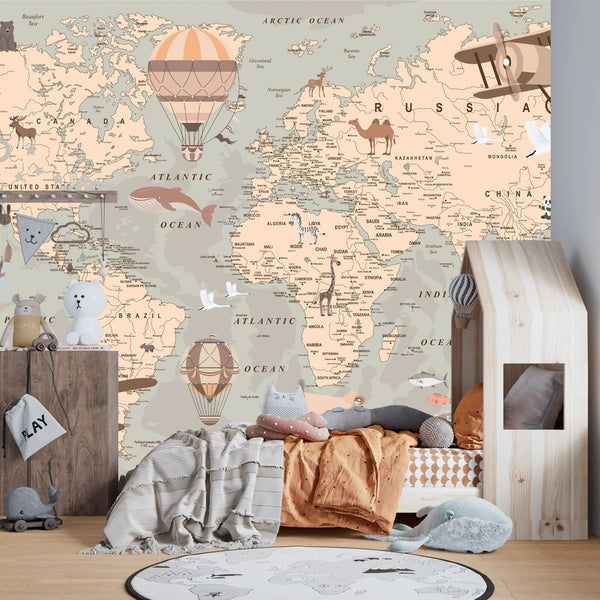 Childrens World Map Wallpaper, Retro Mural, Oversized Custom Size Wall Art, Non - Woven, Non - Adhesive, Modern Wall Paper, Removable - Adawall Wallpaper - Registered Trade Accounts Only, Wallpaper Wholesale Account - W77649 - Adawall Wholesale - Wallpaper Wholesaler