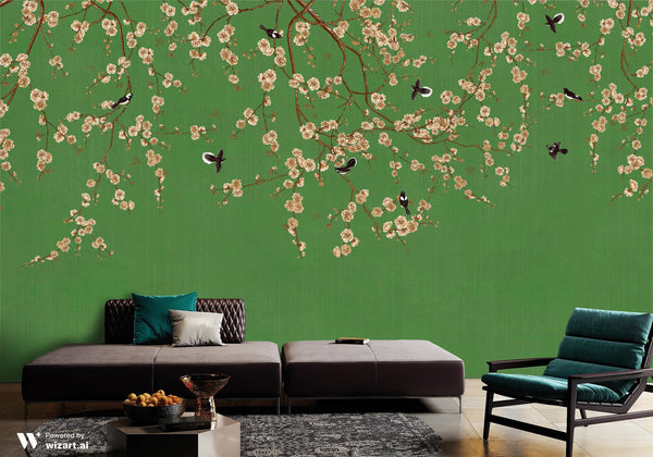 Chinoiserie Birds Floral Wall Mural, Green Flowers Blossom Wallpaper, Large, Oversized Elegant Custom Size Wall Art, Non - Woven, Non - Pasted, Modern - Adawall Wallpaper - Registered Trade Accounts Only, Wallpaper Wholesale Account - SE316-1 - Adawall Wholesale - Wallpaper Wholesaler