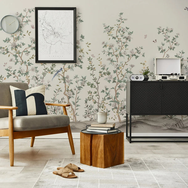 Chinoiserie Floral Blossoms Wall Mural, Ivory Botanical Tree Flowers Wallpaper, Custom Size Wall Covering, Non - Woven, Non - Adhesive, Removable, Washable - Adawall Wallpaper - Registered Trade Accounts Only, Wallpaper Wholesale Account - FJ303-2 - Adawall Wholesale - Wallpaper Wholesaler
