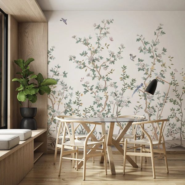 Chinoiserie Floral Blossoms Wall Mural, Ivory Botanical Tree Flowers Wallpaper, Custom Size Wall Covering, Non - Woven, Non - Adhesive, Removable, Washable - Adawall Wallpaper - Registered Trade Accounts Only, Wallpaper Wholesale Account - FJ303-2 - Adawall Wholesale - Wallpaper Wholesaler