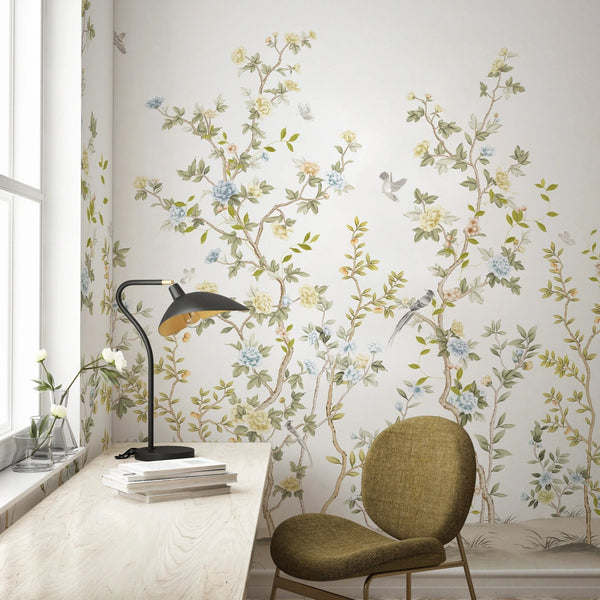 Chinoiserie Floral Blossoms Wall Mural, White Botanical Tree Flowers Wallpaper, Custom Size Wall Covering, Non - Woven, Non - Adhesive, Removable, Washable - Adawall Wallpaper - Registered Trade Accounts Only, Wallpaper Wholesale Account - FJ303-1 - Adawall Wholesale - Wallpaper Wholesaler