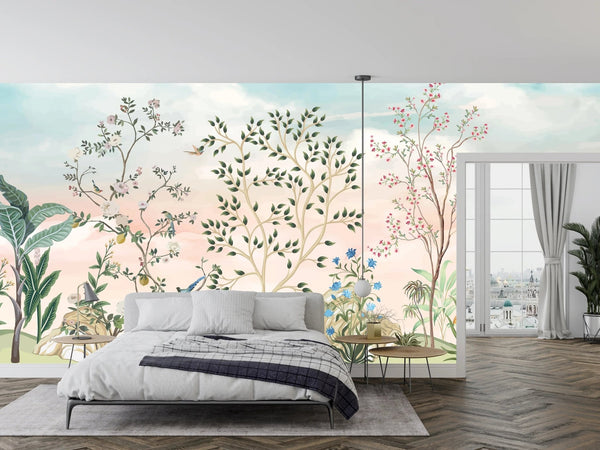 Chinoiserie Wallpaper, Floral Trees Mural, Oversized Custom Size Wall Art, Non - Woven, Non - Adhesive, Modern Wall Paper, Removable - Adawall Wallpaper - Registered Trade Accounts Only, Wallpaper Wholesale Account - W77707 - Adawall Wholesale - Wallpaper Wholesaler