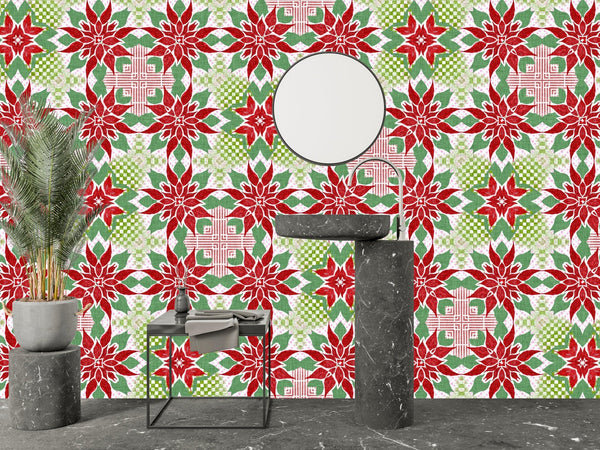 Christmas Poinsettia Wallpaper, Seamless Pattern Mural, Oversized Custom Size Wall Art, Non - Woven, Non - Adhesive, Modern Wall Paper, Removable - Adawall Wallpaper - Registered Trade Accounts Only, Wallpaper Wholesale Account - W78031 - Adawall Wholesale - Wallpaper Wholesaler