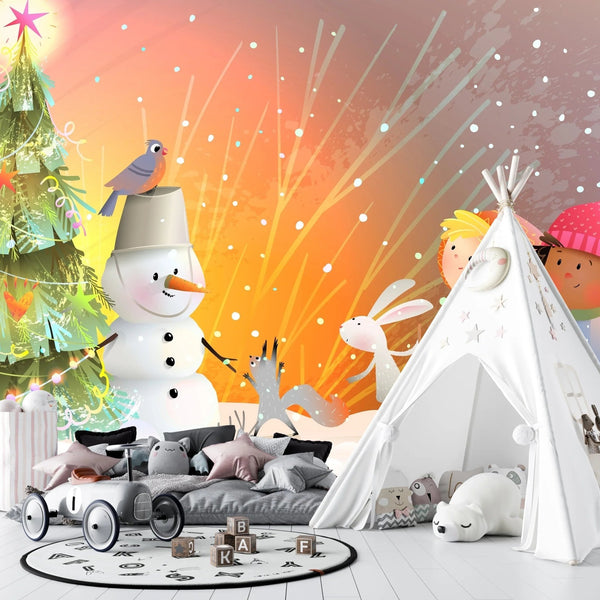 Christmas Tree, Snowman Wallpaper, Children, Animals Mural, Oversized Custom Size Wall Art, Non - Woven, Non - Adhesive, Modern Wall Paper, Removable - Adawall Wallpaper - Registered Trade Accounts Only, Wallpaper Wholesale Account - W78155 - Adawall Wholesale - Wallpaper Wholesaler