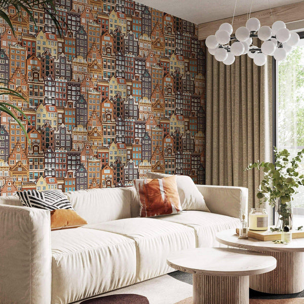 Cityscape 3D Embossed Wallpaper, Red, Orange Realistic Houses Apartments Design, Home Wall Decor, Modern Wallcovering - Walloro High End Wallcoverings & More