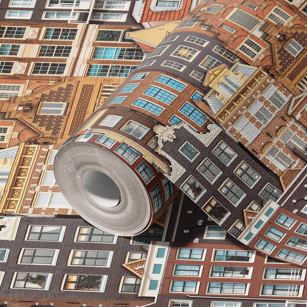 Cityscape 3D Embossed Wallpaper, Red, Orange Realistic Houses Apartments Design, Home Wall Decor, Modern Wallcovering - Walloro High End Wallcoverings & More