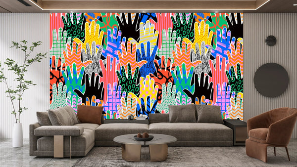Colorful Diversed People Hand Wallpaper, Seamless Pattern Mural, Oversized Custom Size Wall Art, Non - Woven, Non - Adhesive, Modern Wall Paper, Removable - Adawall Wallpaper - Registered Trade Accounts Only, Wallpaper Wholesale Account - W78201 - Adawall Wholesale - Wallpaper Wholesaler