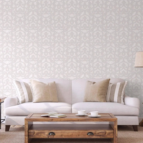 Cream Lace Trellis Wallpaper, Shiny Silver Gold Patterns Faded Colors Damask Design - Walloro High End Wallcoverings & More