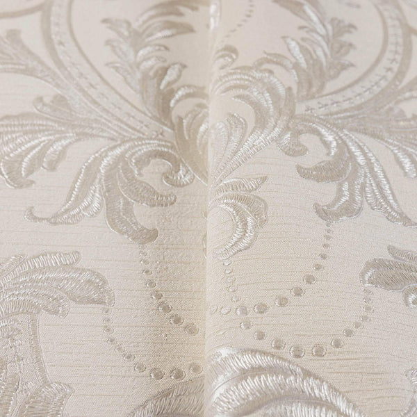 Cream, Silver Luxury 3D Damask Wallpaper, Premium Sparkling Velvet Feeling Flocked Wallcovering - Walloro High End Wallcoverings & More