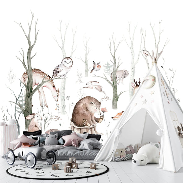 Cute Animals, Trees Wallpaper, White Background Mural, Oversized Custom Size Wall Art, Non - Woven, Non - Adhesive, Modern Wall Paper, Removable - Adawall Wallpaper - Registered Trade Accounts Only, Wallpaper Wholesale Account - W77652 - Adawall Wholesale - Wallpaper Wholesaler