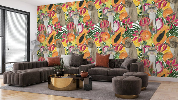 Cute Monkey, Exotic Fruits Wallpaper, Seamless Pattern Mural, Oversized Custom Size Wall Art, Non - Woven, Non - Adhesive, Modern Wall Paper, Removable - Adawall Wallpaper - Registered Trade Accounts Only, Wallpaper Wholesale Account - W77811 - Adawall Wholesale - Wallpaper Wholesaler