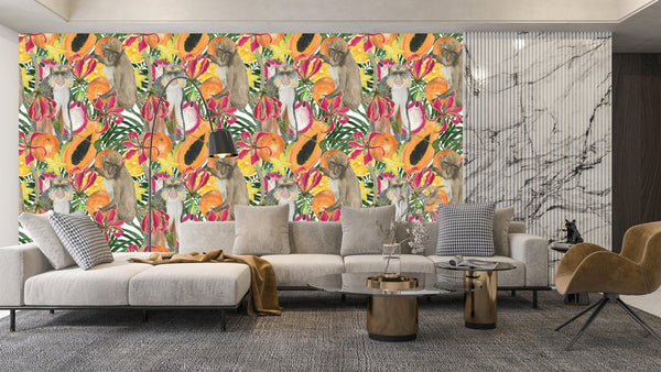 Cute Monkey, Exotic Fruits Wallpaper, Seamless Pattern Mural, Oversized Custom Size Wall Art, Non - Woven, Non - Adhesive, Modern Wall Paper, Removable - Adawall Wallpaper - Registered Trade Accounts Only, Wallpaper Wholesale Account - W77811 - Adawall Wholesale - Wallpaper Wholesaler