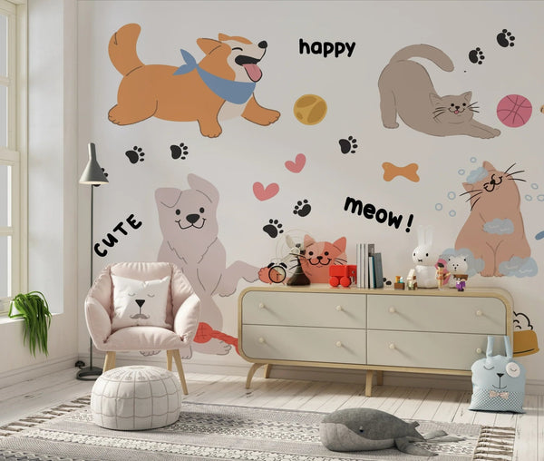 Cute Pet Doodle Wallpaper, Cats and Dogs Mural, Oversized Custom Size Wall Art, Non - Woven, Non - Adhesive, Modern Wall Paper, Removable - Adawall Wallpaper - Registered Trade Accounts Only, Wallpaper Wholesale Account - W77860 - Adawall Wholesale - Wallpaper Wholesaler