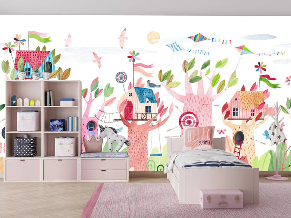 Cute Tree Houses Wallpaper, Playground Mural, Oversized Custom Size Wall Art, Non - Woven, Non - Adhesive, Modern Wall Paper, Removable - Adawall Wallpaper - Registered Trade Accounts Only, Wallpaper Wholesale Account - W77941 - Adawall Wholesale - Wallpaper Wholesaler