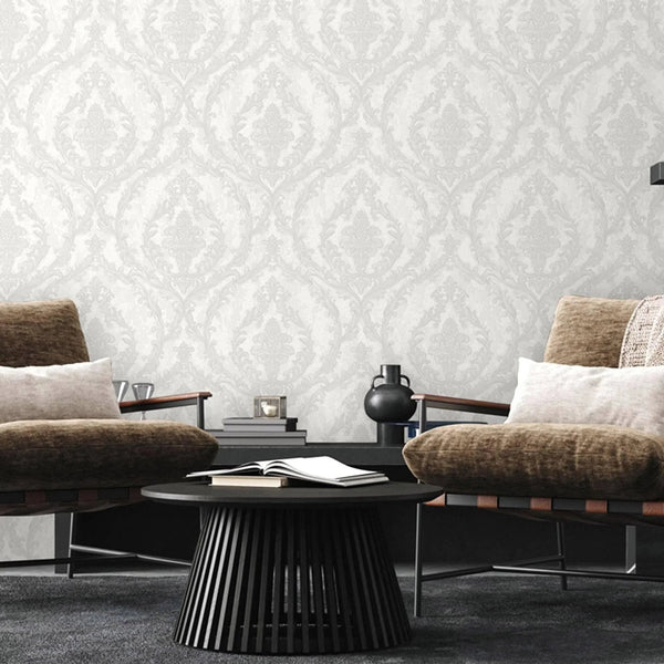 Damask Deep Embossed Wallpaper, White, Silver Luxury 3D Non - Pasted Wallcovering, Shimmering, Traditional Non - Woven Wall Decor - Adawall Wallpaper - Registered Trade Accounts Only, Wallpaper Wholesale Account - 1401-1 - Adawall Wholesale - Wallpaper Wholesaler