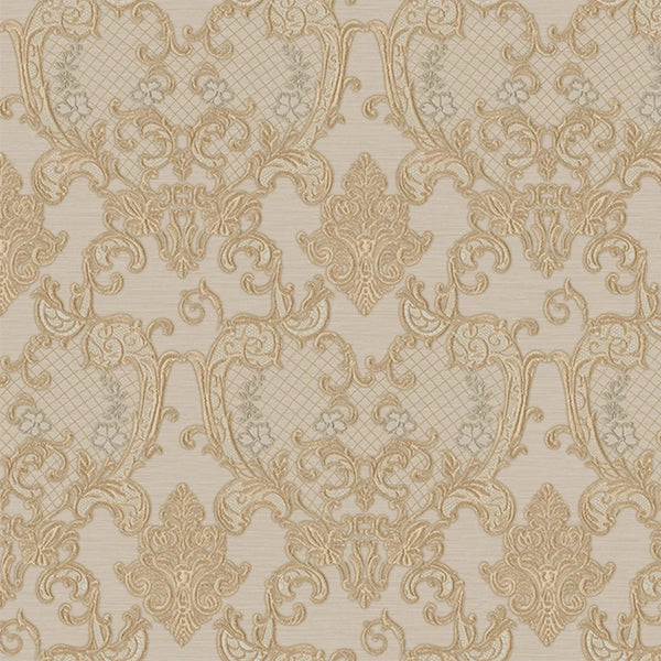Damask Flocked Velvet Feel Wallpaper, Beige Deep 3D Embossed Quilted Texture Luxury Wallcovering, Non-Woven - Walloro High End Wallcoverings & More