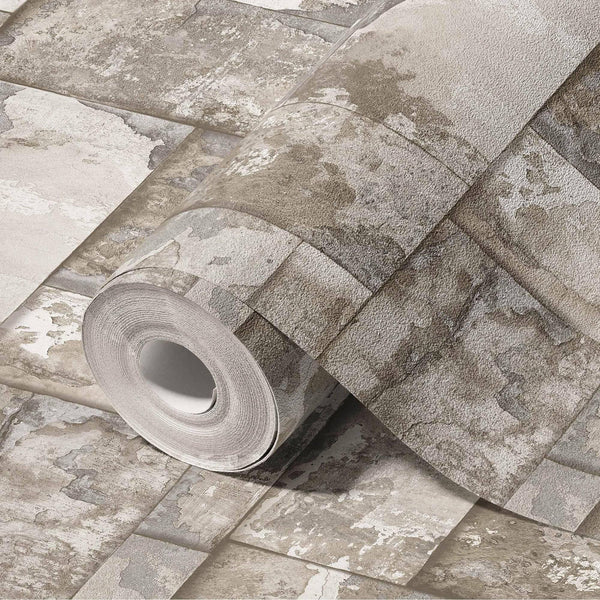 Decorative Rusted Beige, Gray Stone Metallic Wallpaper, Realistic 3D Embossed Wall Decor, Industrial Aesthetic Wallcovering - Walloro High End Wallcoverings & More