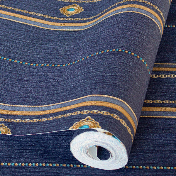 Decorative Striped Embossed Wallpaper, Royal Blue, Yellow, Gold 3D Boho Art Deco Ornate Home Wall Decor, Washable, Durable - Walloro High End Wallcoverings & More