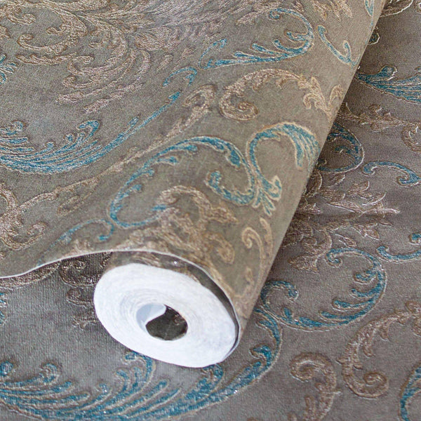 Deep Embossed Sparkling Damask Wallpaper, Stylish Brown Blue Glittering Luxury Fabric Feel Vivid Colors, Home Commercial Use, Easy Clean, Water Resistant - Adawall Wallpaper - Registered Trade Accounts Only, Wallpaper Wholesale Account - 1312-3 - Adawall Wholesale - Wallpaper Wholesaler