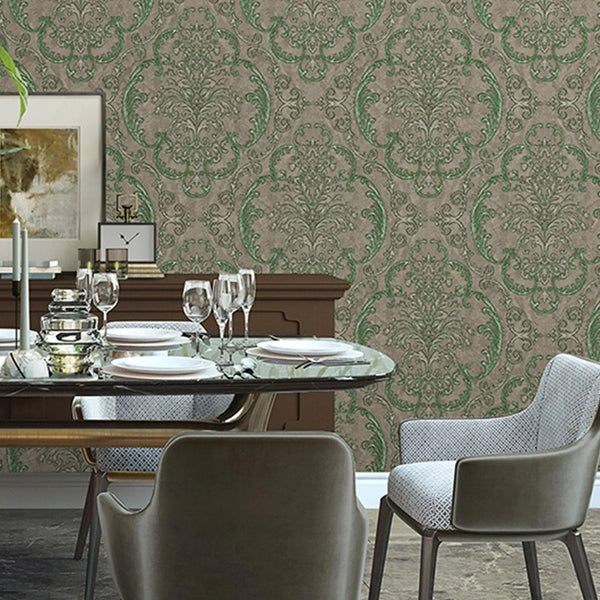 Deep Embossed Sparkling Damask Wallpaper, Stylish Brown Green Glittering Luxury Fabric Feel Vivid Colors, Home Commercial Use, Easy Clean, Water Resistant - Adawall Wallpaper - Registered Trade Accounts Only, Wallpaper Wholesale Account - 1312-4 - Adawall Wholesale - Wallpaper Wholesaler