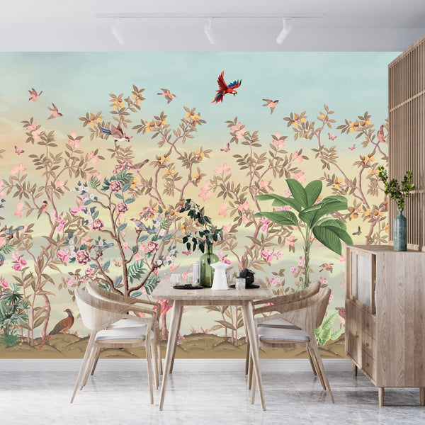 Elegant Floral, Birds Wallpaper, Seamless Pattern Mural, Oversized Custom Size Wall Art, Non-Woven, Non-Adhesive, Modern Wall Paper, Removable