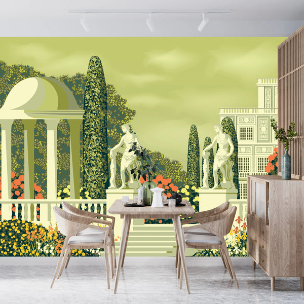 Flower Garden Wallpaper, Country House and Statues Mural, Oversized Custom Size Wall Art, Non-Woven, Non-Adhesive, Modern Wall Paper, Removable