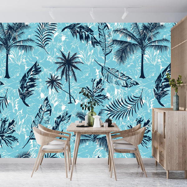 Tropical Plants, Blue Background Wallpaper, Seamless Pattern Mural, Oversized Custom Size Wall Art, Non-Woven, Non-Adhesive, Modern Wall Paper, Removable