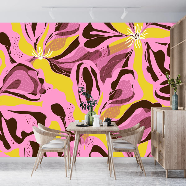 Abstract Pink Flowers Wallpaper, Seamless Pattern Mural, Oversized Custom Size Wall Art, Non-Woven, Non-Adhesive, Modern Wall Paper, Removable