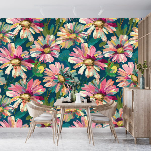 Abstract Flowers Blooming Wallpaper, Seamless Pattern Mural, Oversized Custom Size Wall Art, Non-Woven, Non-Adhesive, Modern Wall Paper, Removable