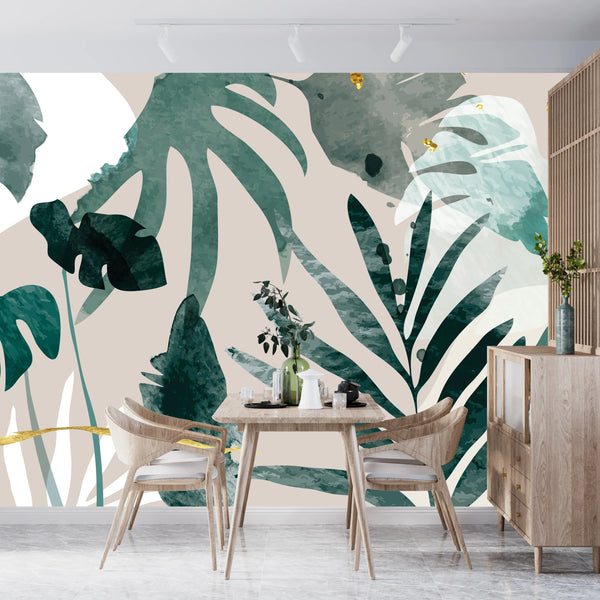 Abstract Art Gold Wallpaper, Tropical Leaves Mural, Oversized Custom Size Wall Art, Non-Woven, Non-Adhesive, Modern Wall Paper, Removable