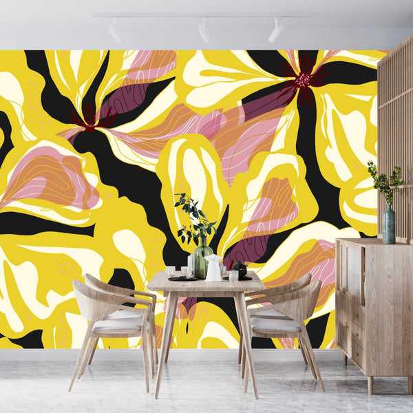 Abstract Yellow Flowers Wallpaper, Seamless Pattern Mural, Oversized Custom Size Wall Art, Non-Woven, Non-Adhesive, Modern Wall Paper, Removable