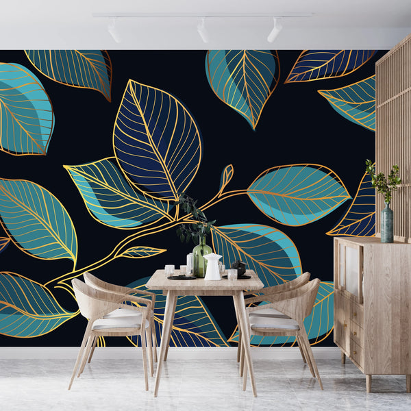 Gold Leaves Wallpaper, Black Background Mural, Oversized Custom Size Wall Art, Non-Woven, Non-Adhesive, Modern Wall Paper, Removable