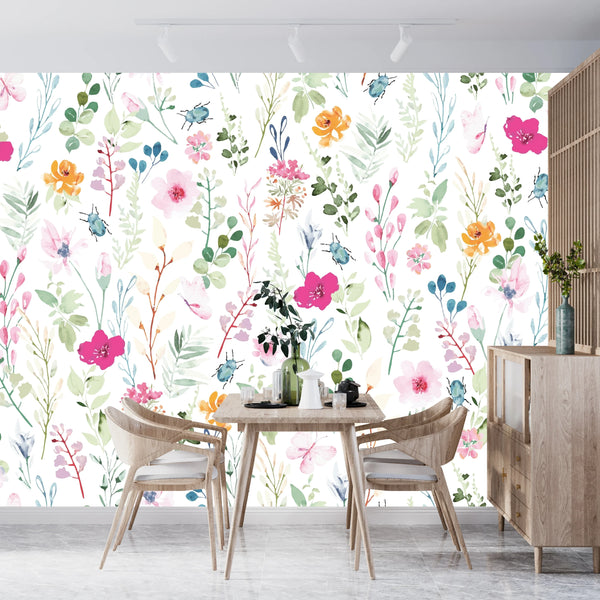 Watercolor Floral Wallpaper, Seamless Pattern Mural, Oversized Custom Size Wall Art, Non-Woven, Non-Adhesive, Modern Wall Paper, Removable