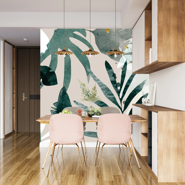 Abstract Art Gold Wallpaper, Tropical Leaves Mural, Oversized Custom Size Wall Art, Non-Woven, Non-Adhesive, Modern Wall Paper, Removable